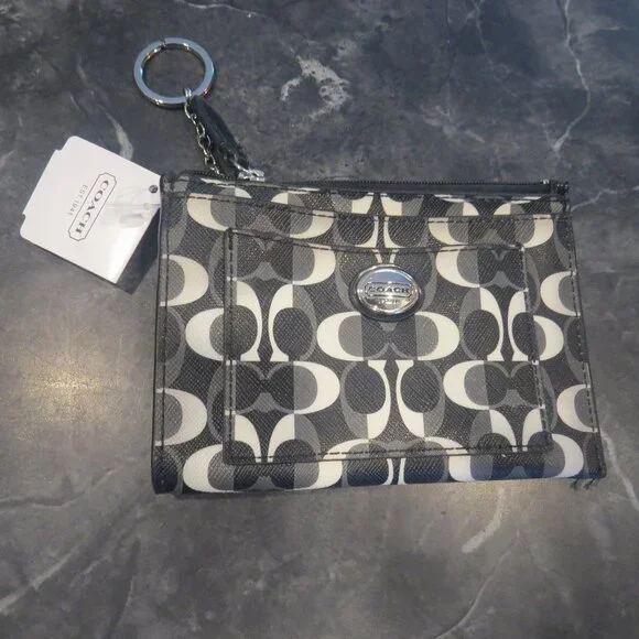 Coach Black White Grey Signature Zip Pouch Keychain Wallet 14.5 x 10 x 2 cm (B1) - Picture 1 of 6